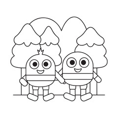 Two cute cartoon characters holding hands in front of stylized trees and mountains outline drawing