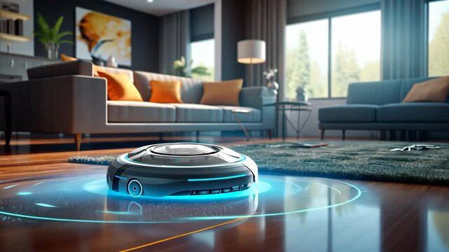 Wireless Scheduled Robot Vacuum Cleaner in Living Room with Data and HUD Controls, Selective Focus. blue.