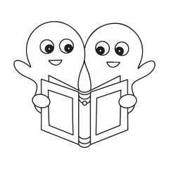 Two friendly cartoon ghosts reading an open book together with their arms outstretched spirit phantom