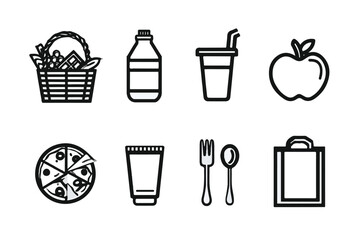 Picnic food icon set with basket water bottle juice apple pizza and cutlery black and white illustration