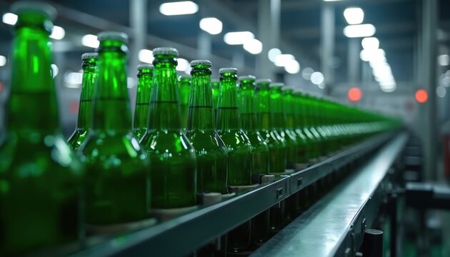Green beer bottles move along automated production line in factory interior. Transparent containers on conveyor belt during manufacturing process. Beverage industry, lager production, bottling plant