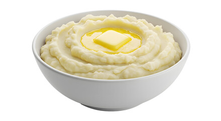 Bowl of mashed potatoes topped with butter on transparent background