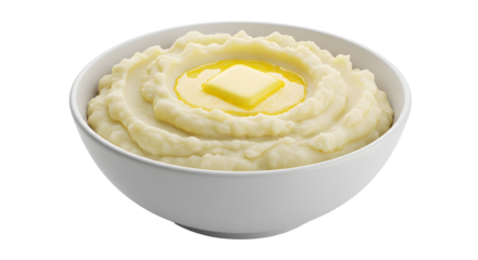 Bowl of mashed potatoes topped with butter on transparent background