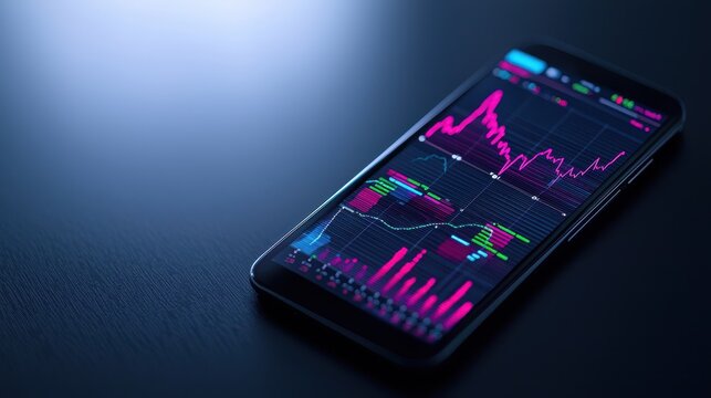 Smartphone displaying financial data with vibrant pink and blue graphs, showcasing market trends and analytics