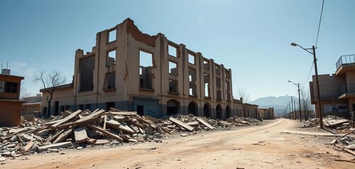 Fototapeta premium A bombed-out building, rubble strewn across a deserted street, building, support