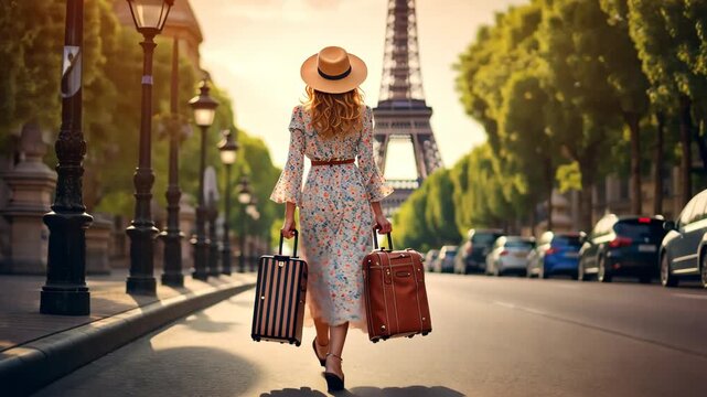 A woman in a hat with a suitcase looks at the Eiffel Tower. Selective focus. Travel.