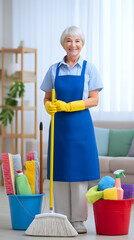 A cleaning lady, holding various household cleaning tools standing in a clean and bright living room