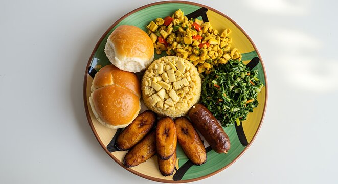 Jamaican ackee and saltfish with fried plantain, dumplings, and callaloo