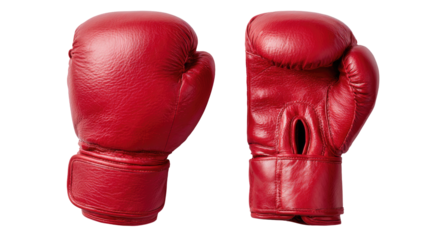 Pair of red boxing gloves, isolated on black.  Leather,  padded,  protective,  fight,  sports equipment.  View from above, showing both gloves