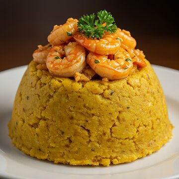 Delicious mofongo with shrimp topping garnished with parsley