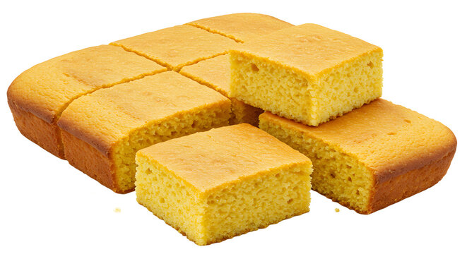 Cut cornbread squares stacked on each other on transparent background