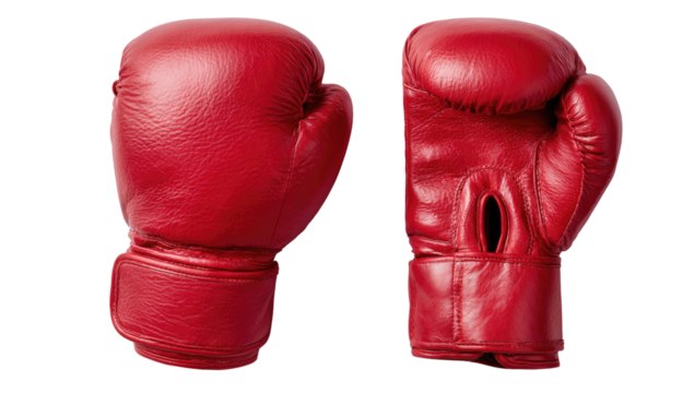 Pair of red boxing gloves, isolated on black.  Leather,  padded,  protective,  fight,  sports equipment.  View from above, showing both gloves