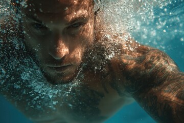 Muscular man swimming underwater in a pool showcasing strength and determination captured in vibrant blue water