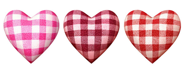 Three hearts, each filled with a gingham pattern in shades of pink and red
