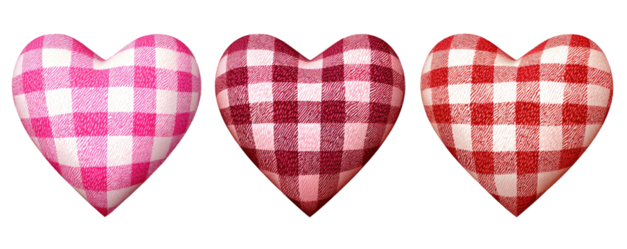 Three hearts, each filled with a gingham pattern in shades of pink and red