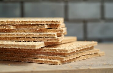 Close-up of stacked OSB slab building material. Pressed particle wood boards made from recycled sawdust. Natural grain texture, brown color visible. Construction paneling for carpentry, industry.