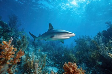 Naklejka premium Cuba Camaguey reef shark gracefully swimming above vibrant coral reef in crystal-clear waters during sunny daytime