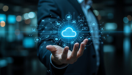 Abstract glowing hand interacting with AI interface, digital HUD, neon holograms, data analytics, cloud computing, and machine learning elements, futuristic sci-fi style with advanced technology.