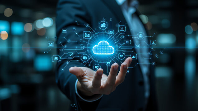 Abstract glowing hand interacting with AI interface, digital HUD, neon holograms, data analytics, cloud computing, and machine learning elements, futuristic sci-fi style with advanced technology. - Powered by Adobe