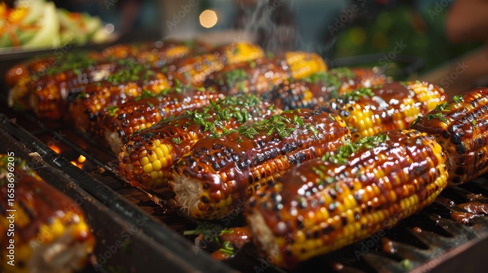 Poster a row of corn on the cob charred to perfection and brushed with a y chipotle glaze waiting to be dev