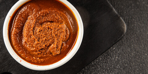 Miso paste spice thick soybean paste for cooking Japanese food tasty snack fresh delicious gourmet food background on the table rustic food top view copy space