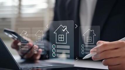 Person using digital tablet with house icons and checklist interface - Powered by Adobe