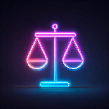 Neon balance scale symbol against dark backdrop, representing fairness and impartiality in law.
