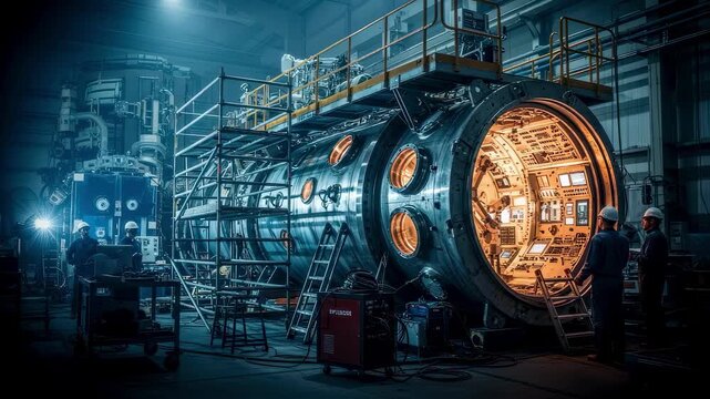 Industrial workshop featuring a fullscale hyperbaric habitat mockup designed for deepsea pipeline welding and structural simulations.