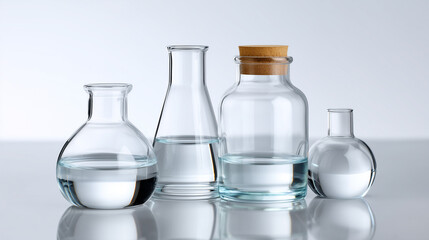 A collection of scientific glassware, filled with clear liquid