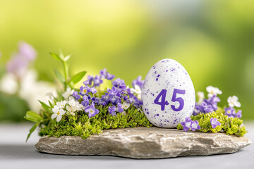 A unique Easter egg numbered 45, beautifully decorated with natural elements. The egg is resting on a stone platform and surrounded by vibrant purple and white flowers.
