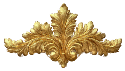 Ornate, gold-leafed decorative crest.  A stylized, symmetrical  motif of  foliage,  with  detailed  curving  and  branching  patterns.  High-relief carving,  rich golden hue