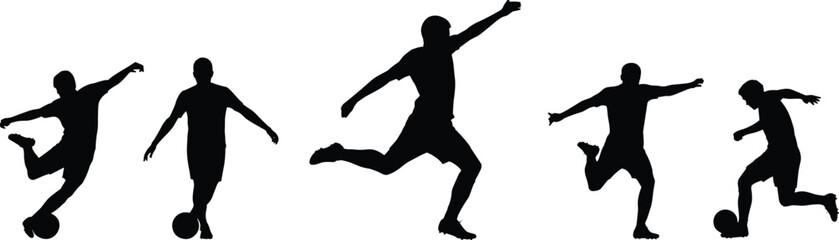 Silhouettes of men playing soccer, kicking football, practicing skills, action sports, dynamic movement, athlete training, football energy, motion, outdoor exercise