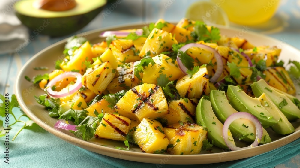 Poster a refreshing summer salad of grilled pineapple mango and red onion tossed in a citrusy dressing and 