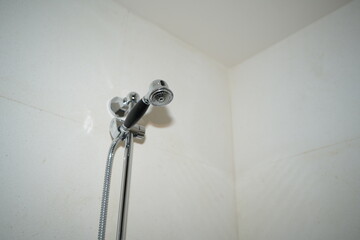 Modern shower head with chrome hose mounted on bathroom wall
