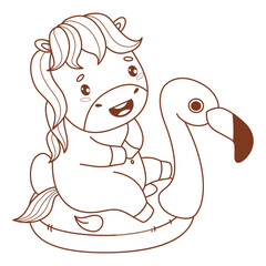 Outline Cute summer Pony Swims on inflatable flamingo. Funny Little Horse kawaii Animal on Vacation. Line drawing, coloring book. Vector illustration. Kids collection. Not AI