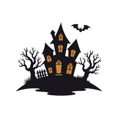 Haunted House Silhouette with Trees and Bat, Spooky Halloween Illustration