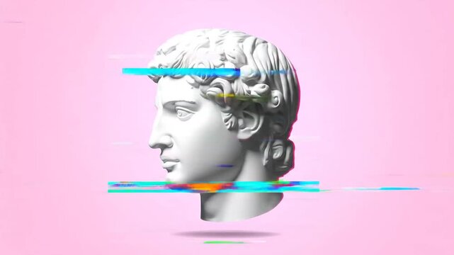 David Head Sculpture with Glitch Effect on Pink Background