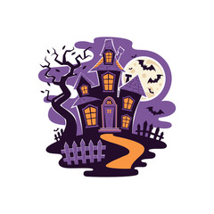 Haunted House with Full Moon, Bats, and Creepy Tree, Spooky Halloween Illustration