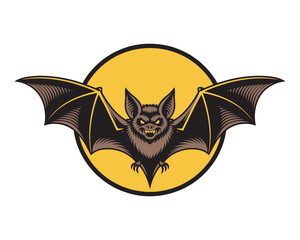 Obraz premium A stylized illustration of a menacing bat with outstretched wings against a yellow full moon, perfect for Halloween or gothic themes.