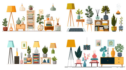 Flat vector illustration of modern living room furniture, plants, lamps, and decorations. Great for home decor, interior design, lifestyle, and cozy apartment themes.