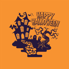 Happy Halloween Illustration with Haunted House, Ghosts, Tree, and Bats on Orange Background