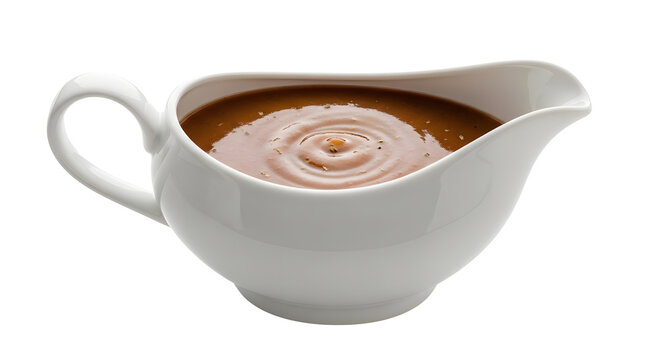 White gravy boat filled with brown gravy on transparent background
