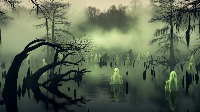 Mystical creatures, kikimoras, emerge from the foggy swamp. Their glowing figures create an eerie and mysterious atmosphere.
