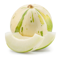 Sugar matisse melon and melon slices isolated on white background. File contains clipping path.