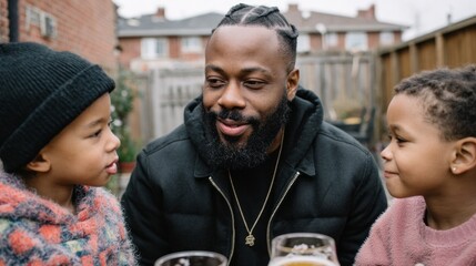 Joyful outdoor gathering with friends and children sharing drinks in a cozy backyard during a cloudy day