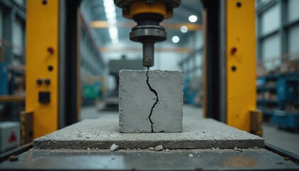 Concrete cube on compression test within a universal testing machine, revealing a prominent crack. This process scrutinizes building material strength and structural integrity in civil engineering.