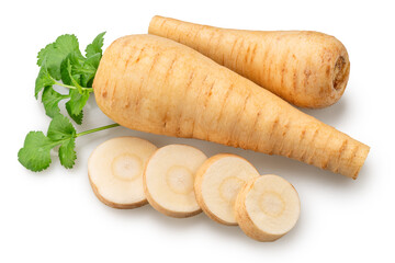 Parsnip roots and parsnip slices isolated on white background. File contains clipping paths.