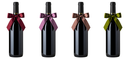 Set of wine bottles with colorful bows on a transparent background
