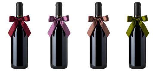 Set of wine bottles with colorful bows on a transparent background
