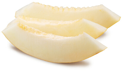 Three yellow melon slices isolated on white background. Cut out PNG file.